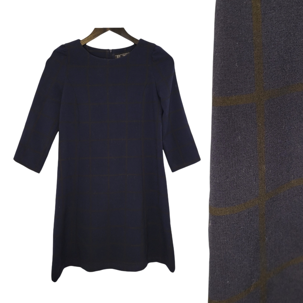 Zara navy blue and brown window pane print dress